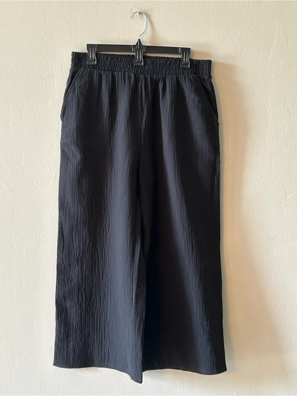 Hurley Women's Pants Wide Leg Gauze Cotton Black Large Elastic Waist Resortwear